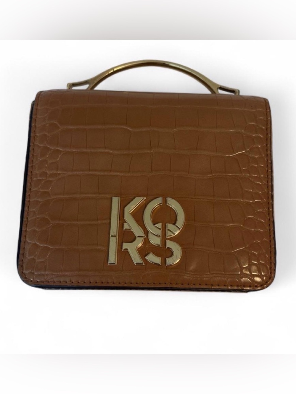 Michael Kors Tan Croc-Embossed Mini Top-Handle Bag with Gold Hardware